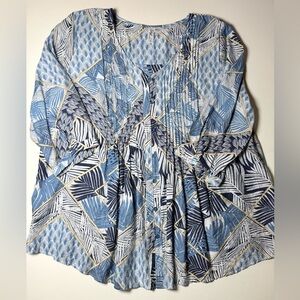 Ethyl Clothing Blue Tropical Palm Print Boho Blouse Women’s Large Flowy Top